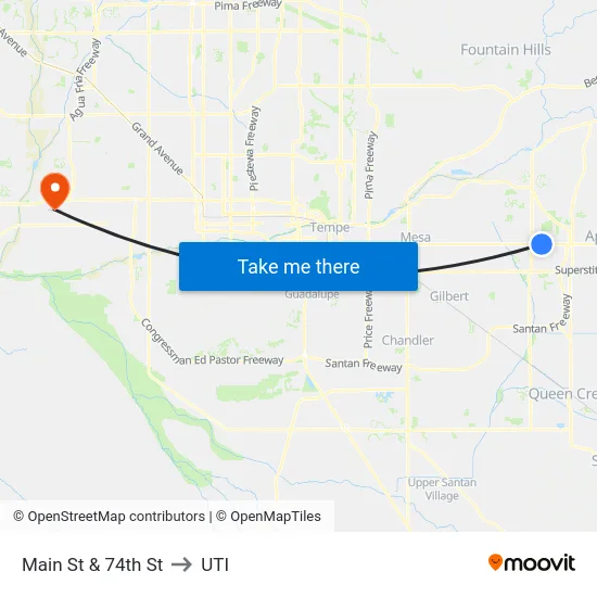 Main St & 74th St to UTI map