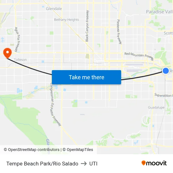 Tempe Beach Park/Rio Salado to UTI map