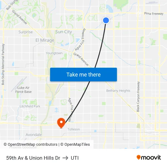 59th Av & Union Hills Dr to UTI map