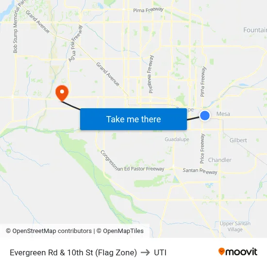 Evergreen Rd & 10th St (Flag Zone) to UTI map