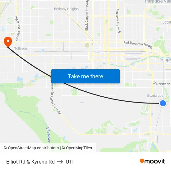 Elliot Rd & Kyrene Rd to UTI map