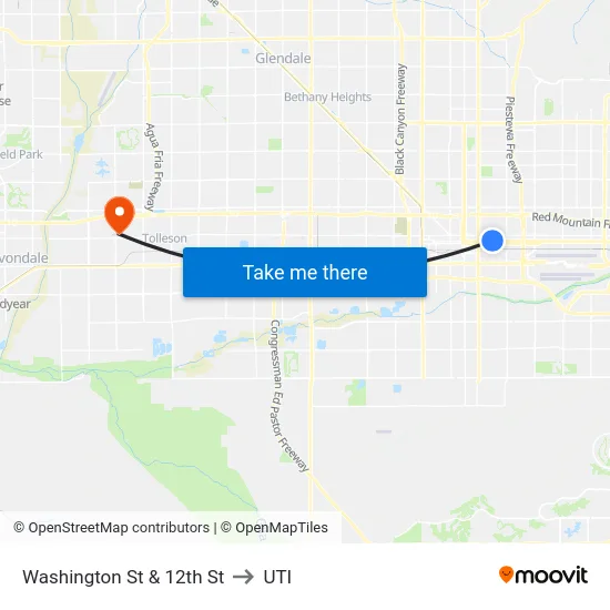 Washington St & 12th St to UTI map