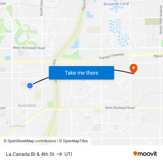 La Canada Bl & 4th St to UTI map