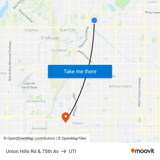 Union Hills Rd & 75th Av to UTI map