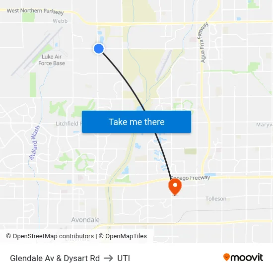 Glendale Av & Dysart Rd to UTI map