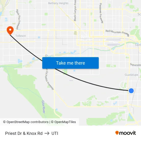Priest Dr & Knox Rd to UTI map
