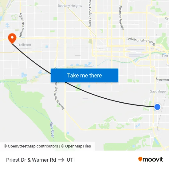 Priest Dr & Warner Rd to UTI map