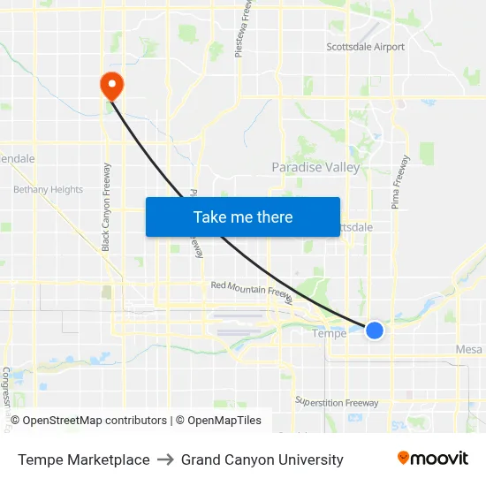 Tempe Marketplace to Grand Canyon University map