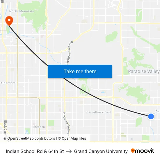 Indian School Rd & 64th St to Grand Canyon University map
