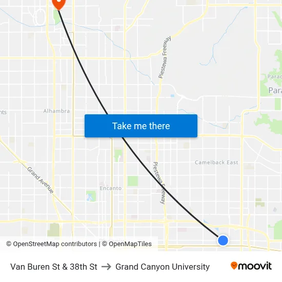 Van Buren St & 38th St to Grand Canyon University map