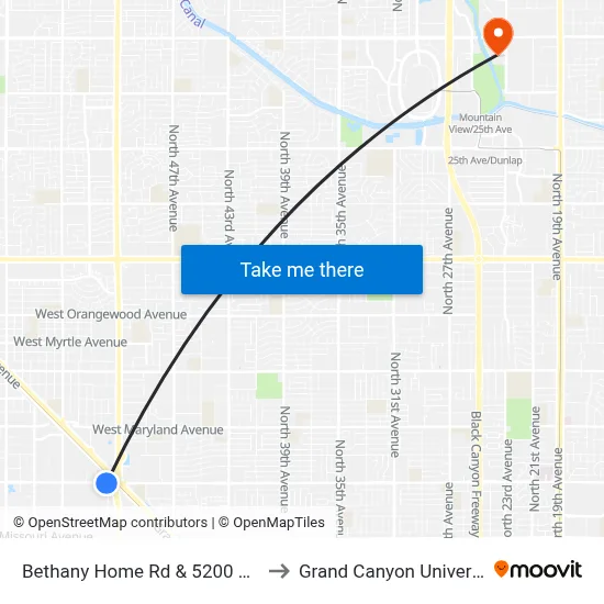 Bethany Home Rd & 5200 West to Grand Canyon University map