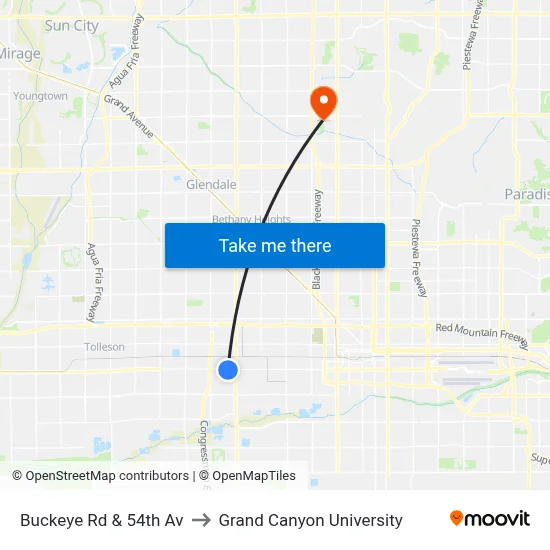 Buckeye Rd & 54th Av to Grand Canyon University map