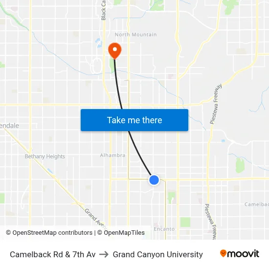 Camelback Rd & 7th Av to Grand Canyon University map