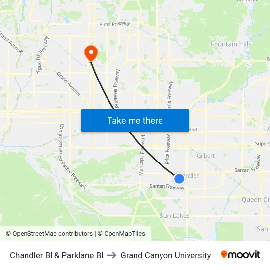 Chandler Bl & Parklane Bl to Grand Canyon University map