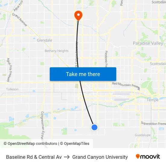 Baseline Rd & Central Av to Grand Canyon University map