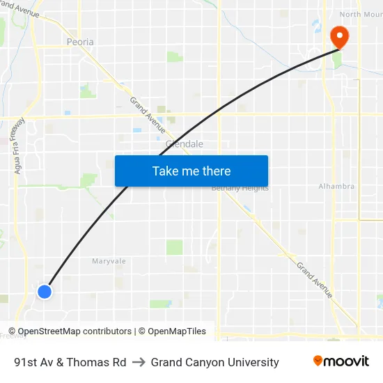 91st Av & Thomas Rd to Grand Canyon University map