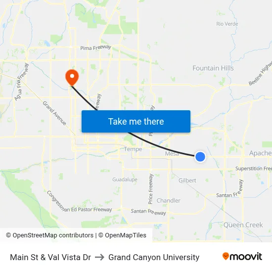 Main St & Val Vista Dr to Grand Canyon University map