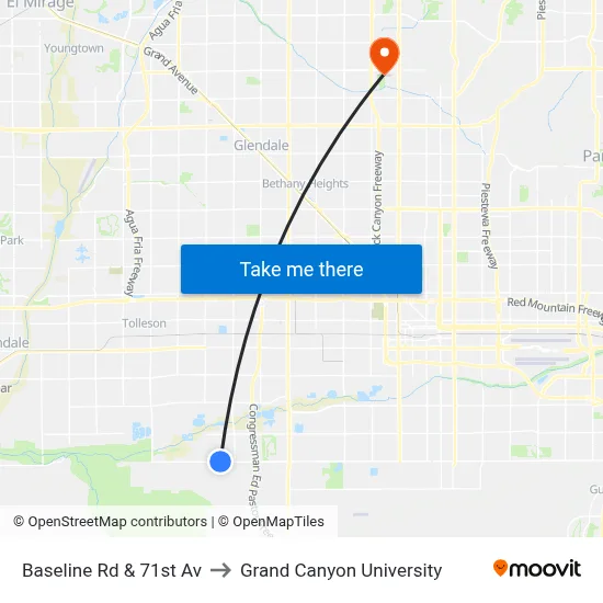 Baseline Rd & 71st Av to Grand Canyon University map