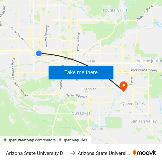 Arizona State University Downtown Phoenix campus to Arizona State University Polytechnic campus map