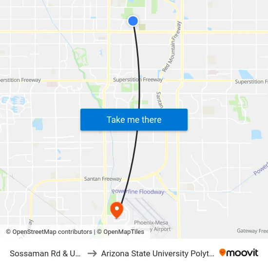 Sossaman Rd & University Dr to Arizona State University Polytechnic campus map