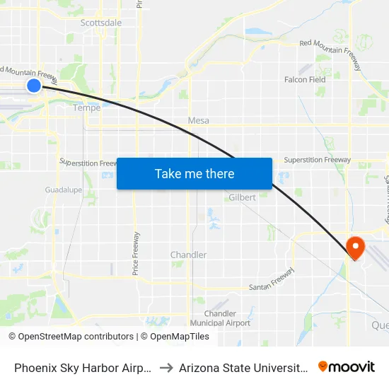 Phoenix Sky Harbor Airport/44th Street Station to Arizona State University Polytechnic campus map