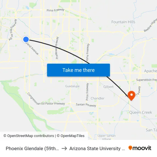 Phoenix Glendale (59th Ave / W. Hayward) to Arizona State University Polytechnic campus map