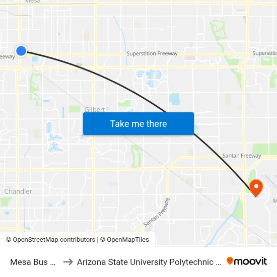 Mesa Bus Stop to Arizona State University Polytechnic campus map