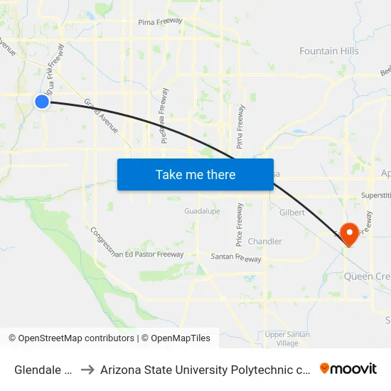 Glendale Pnr to Arizona State University Polytechnic campus map
