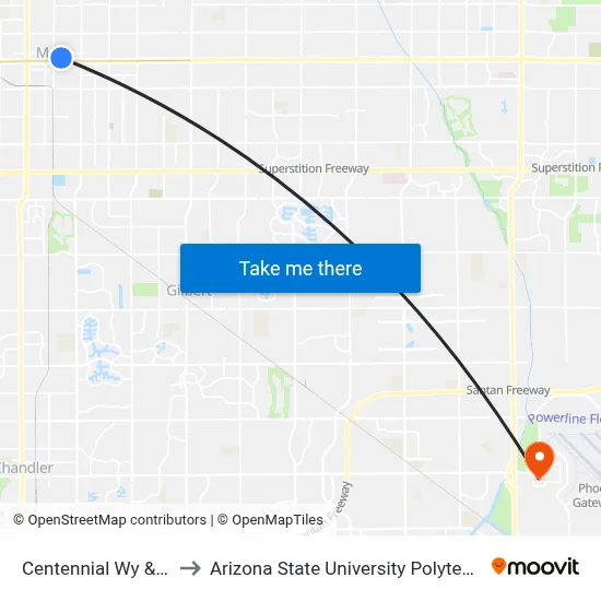 Centennial Wy & Main St to Arizona State University Polytechnic campus map