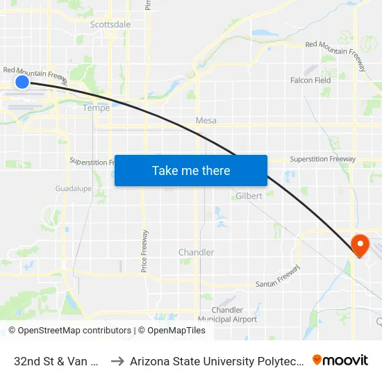32nd St & Van Buren St to Arizona State University Polytechnic campus map
