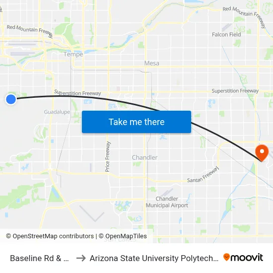 Baseline Rd & 27th St to Arizona State University Polytechnic campus map