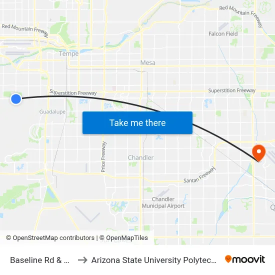 Baseline Rd & 32nd St to Arizona State University Polytechnic campus map