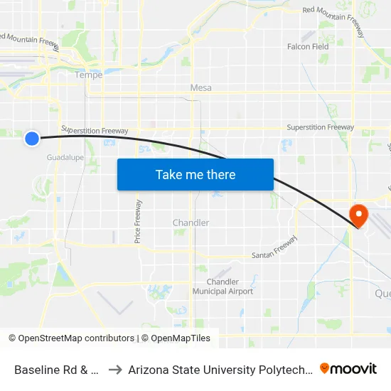 Baseline Rd & 41st St to Arizona State University Polytechnic campus map