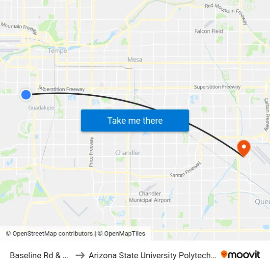 Baseline Rd & 46th St to Arizona State University Polytechnic campus map