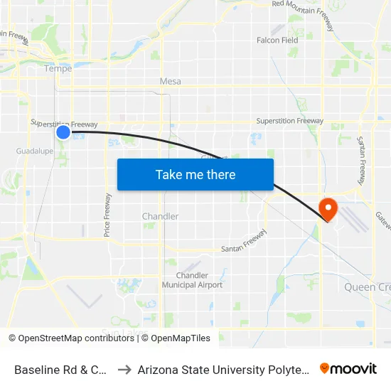 Baseline Rd & College Av to Arizona State University Polytechnic campus map