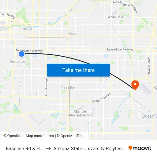 Baseline Rd & Hardy Dr to Arizona State University Polytechnic campus map