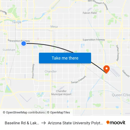 Baseline Rd & Lakeshore Dr to Arizona State University Polytechnic campus map