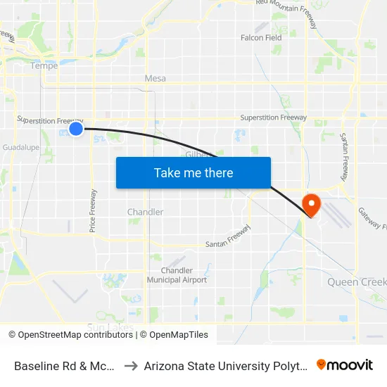Baseline Rd & Mcclintock Dr to Arizona State University Polytechnic campus map
