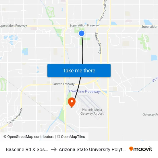 Baseline Rd & Sossaman Rd to Arizona State University Polytechnic campus map