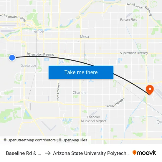 Baseline Rd & 38th Pl to Arizona State University Polytechnic campus map