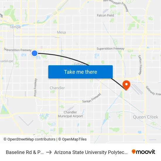 Baseline Rd & Price Rd to Arizona State University Polytechnic campus map