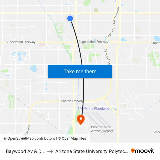 Baywood Av & Diego Cir to Arizona State University Polytechnic campus map