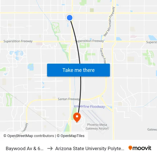 Baywood Av & 6553 East to Arizona State University Polytechnic campus map