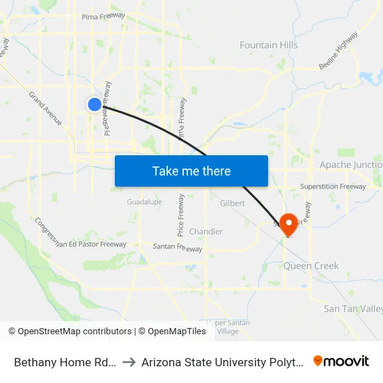Bethany Home Rd & 10th St to Arizona State University Polytechnic campus map