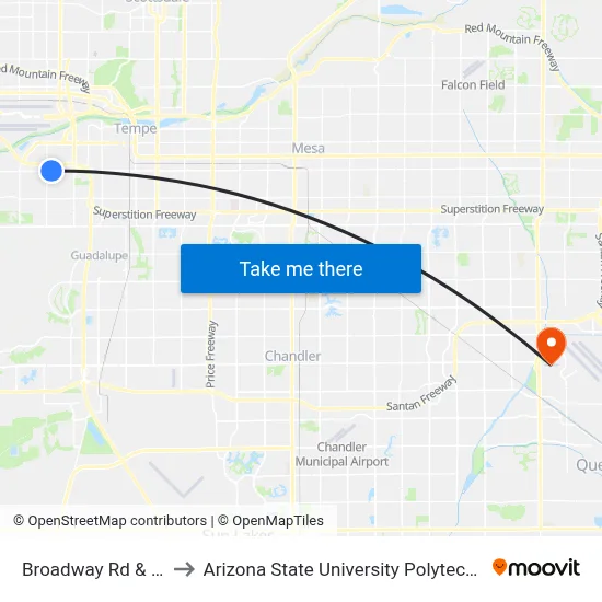 Broadway Rd & 41st St to Arizona State University Polytechnic campus map