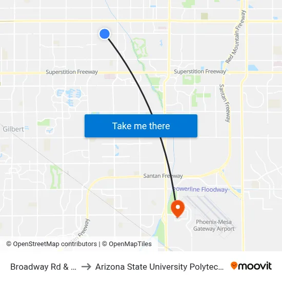 Broadway Rd & 48th St to Arizona State University Polytechnic campus map