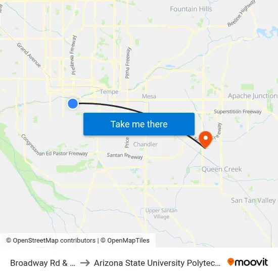 Broadway Rd & 20th St to Arizona State University Polytechnic campus map