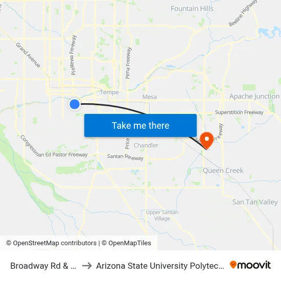 Broadway Rd & 22nd St to Arizona State University Polytechnic campus map