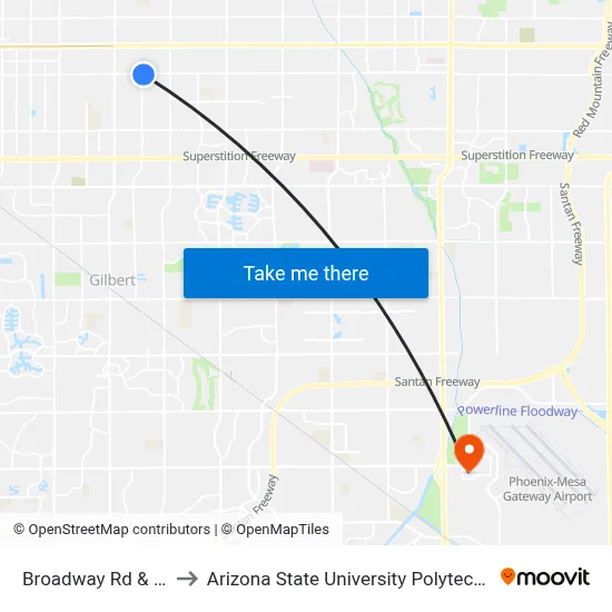 Broadway Rd & 24th St to Arizona State University Polytechnic campus map