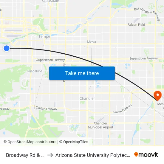 Broadway Rd & 25th St to Arizona State University Polytechnic campus map